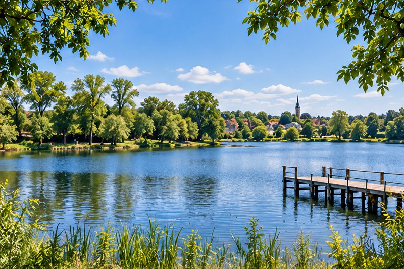Der Dechsendorfer Weiher mit Holzsteg, Schilf und bewaldetem Ufer (mit AI erstelltes Bild)