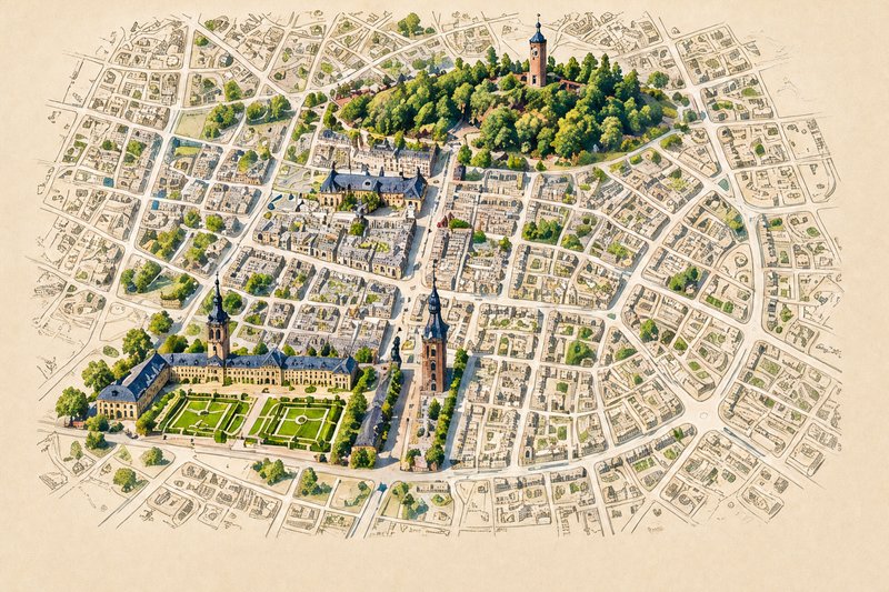 Schematischer Stadtplan von Erlangen mit eingezeichneter Route (mit AI erstelltes Bild)
