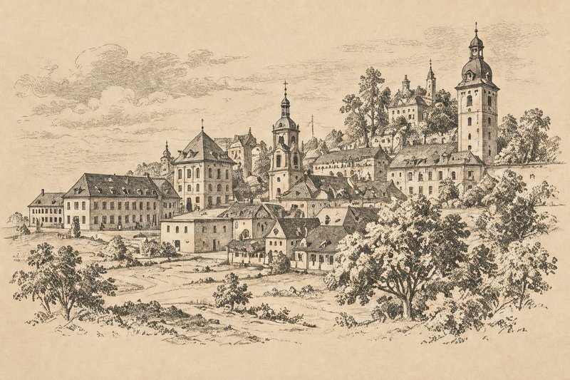 Kupferstichartige Ansicht der Erlanger Altstadt mit Kirchtürmen (mit AI erstelltes Bild)