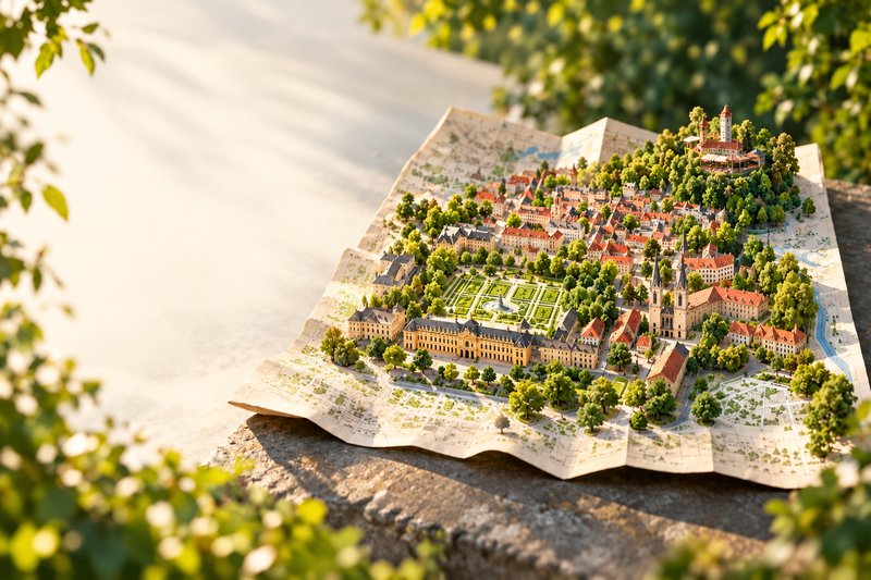 Schematische Miniatur-Illustration von Erlangen auf einer Stadtkarte (mit AI erstelltes Bild)