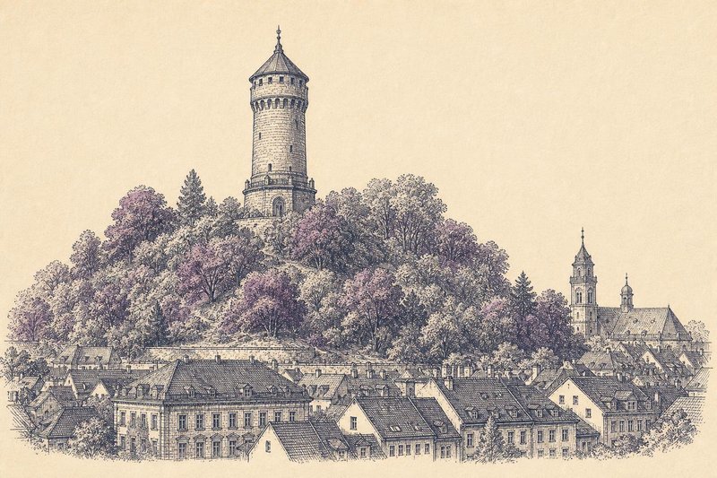 Kupferstich-Illustration eines burgartigen Wasserturms aus Bossenquadern mit Erkern und Pyramidendach zwischen Bäumen